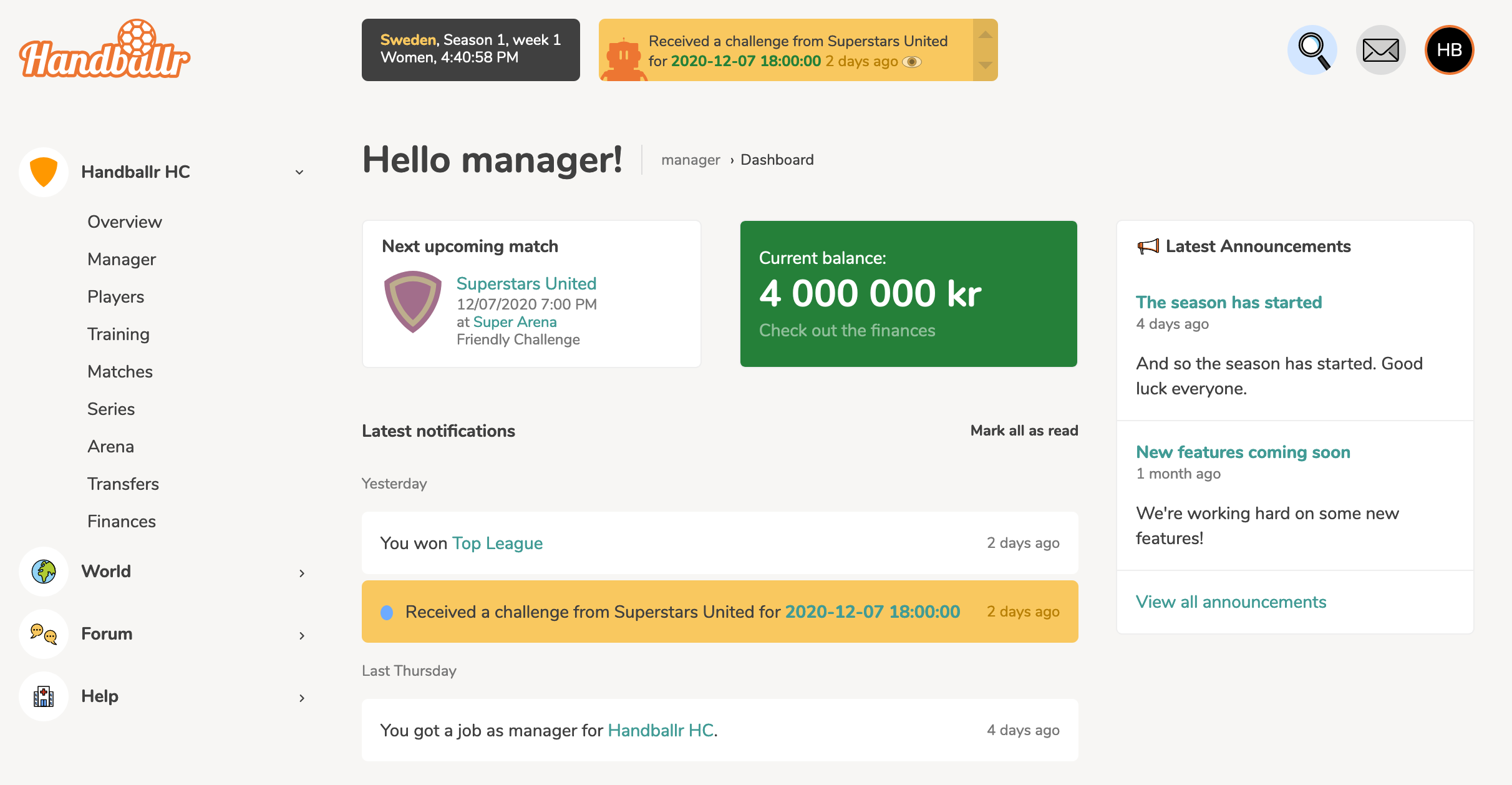 A demo view of the manager dashboard.
